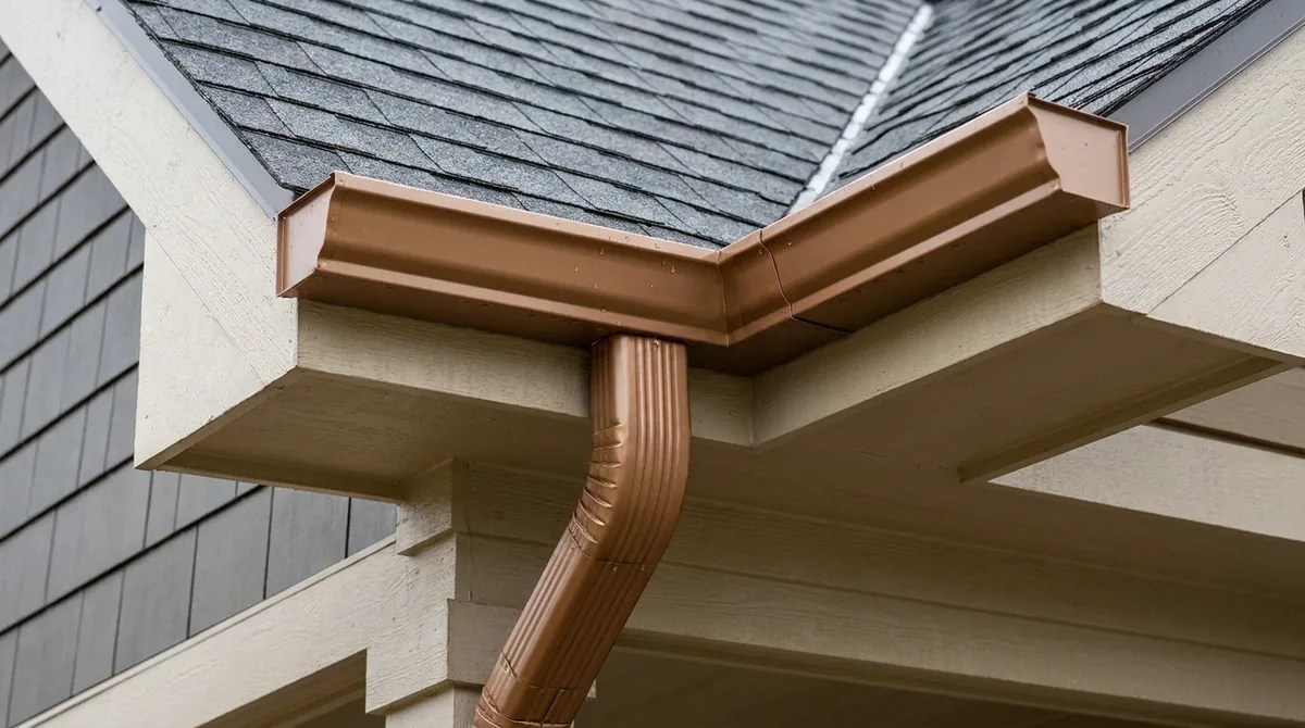 Newly installed seamless aluminum gutter on a residential home, downspout detail visible