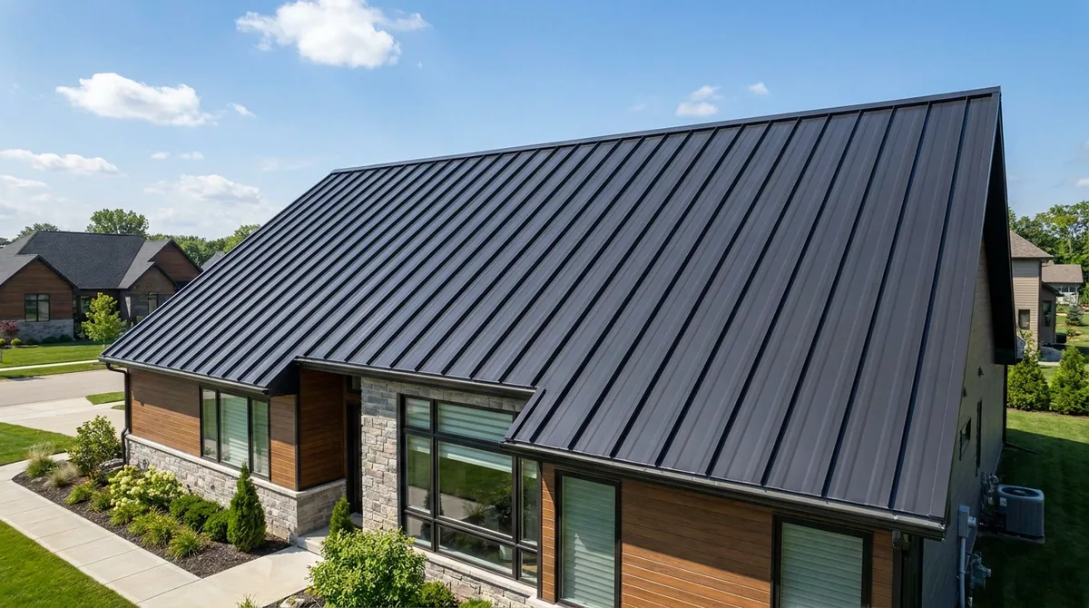 Standing-seam metal roof on a residential home, raised rib detail catching afternoon light