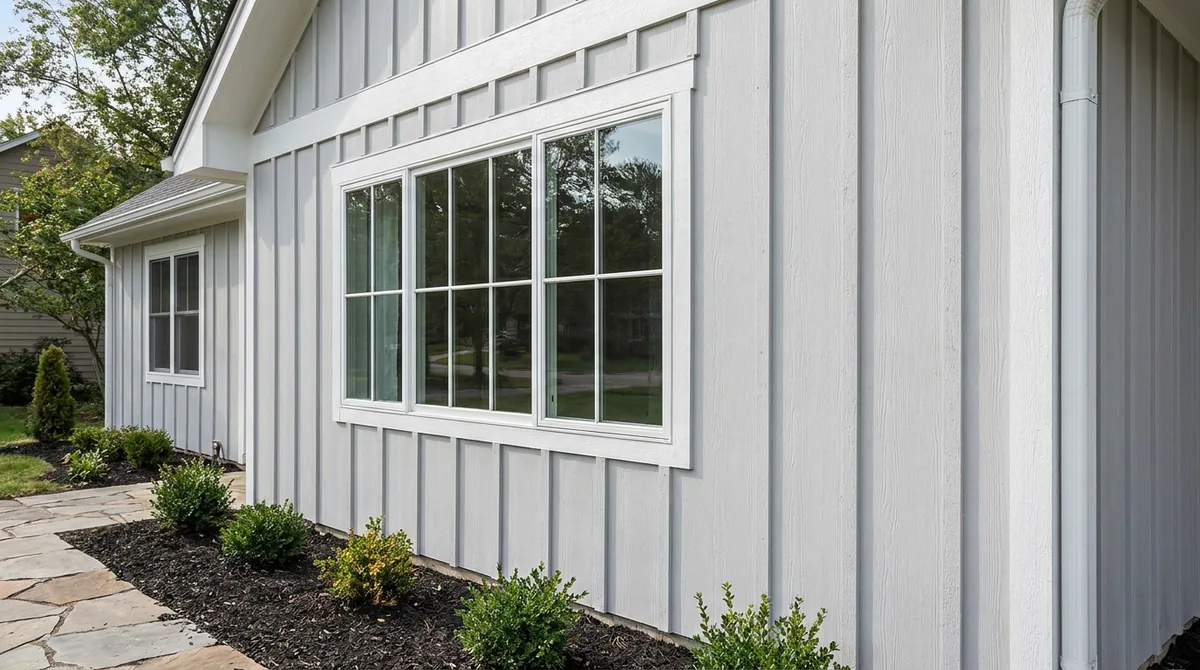 Fiber-cement siding installation on a residential exterior, board-and-batten profile detail