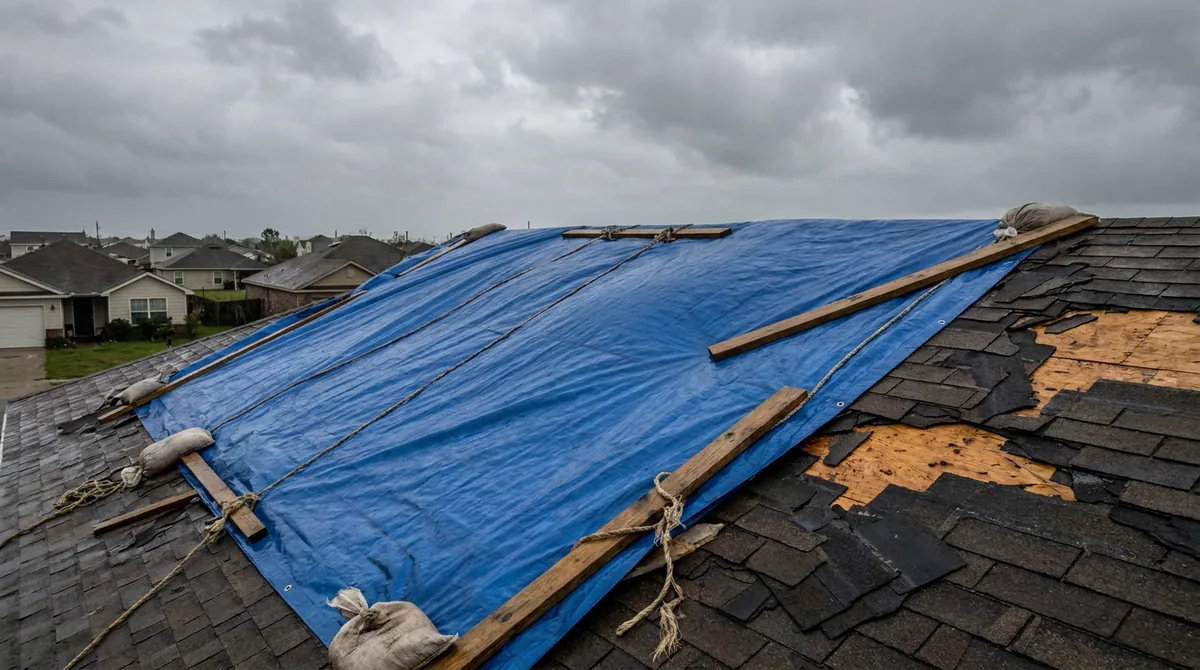 Blue emergency tarp secured with boards over a storm-damaged residential asphalt-shingle roof — in-progress emergency response