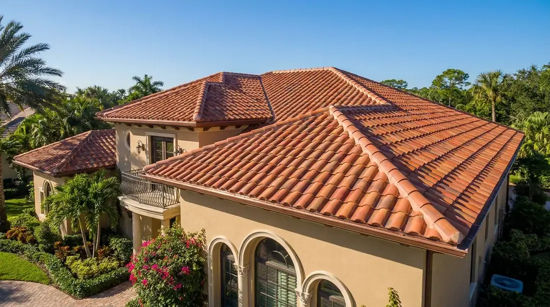 Spanish clay tile residential roof with detailed flashing at the ridge
